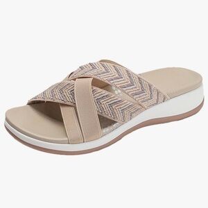 Lightwear Tan Chevron Cross-Strap Slide Sandals - Size 5.5